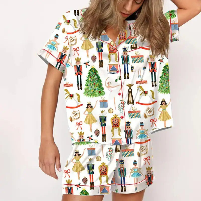 Women Christmas Pajamas Shorts Set White Christmas Pajamas Short Sleeves Shirt Tops and Shorts 2 Piece Pjs Sleepwear