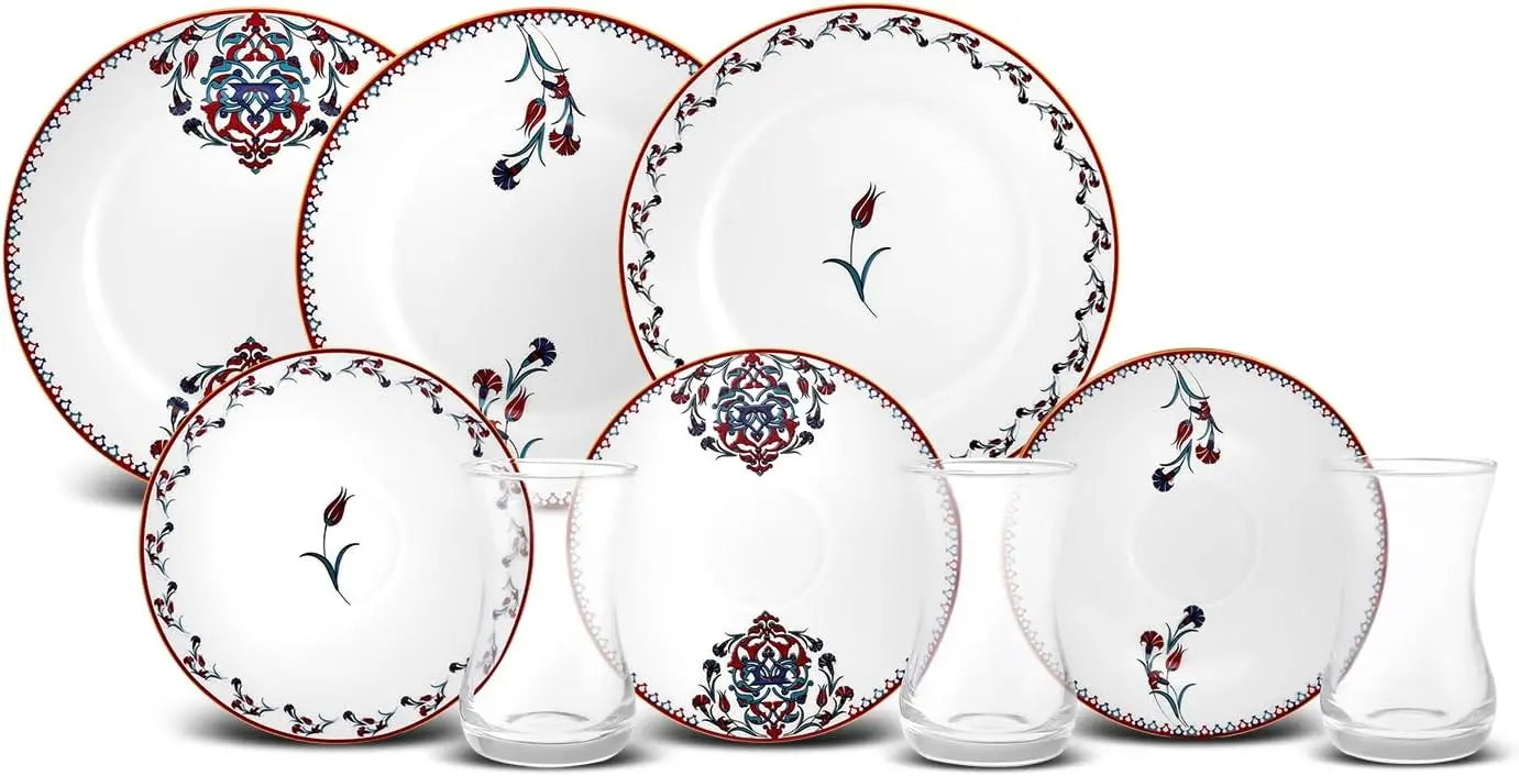Nakkas 18 Piece Turkish Teacups & Appetizer Plate Set For 6 People - Colorful Dessert Plates (7.4"), Small Turkish Tea Glasses W