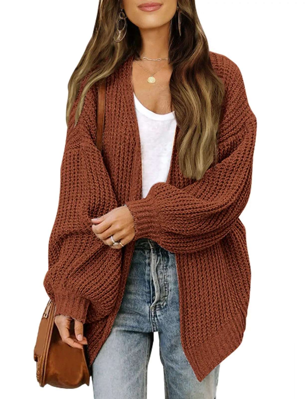 Women lantern sleeve thick needle cardigan 2024 autumn and winter new item solid color pocket knitted sweater Women coat