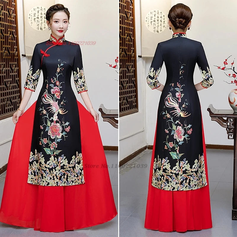 2026 Traditional Dress Vietnam Aodai Improved Cheongsam Dress+Skirt National Flower Print Banquet Qipao Evening Dress Vestido