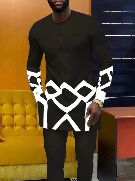 Men's Casual Long-Sleeved Two-Piece Set: Mid-Length Top and Trousers