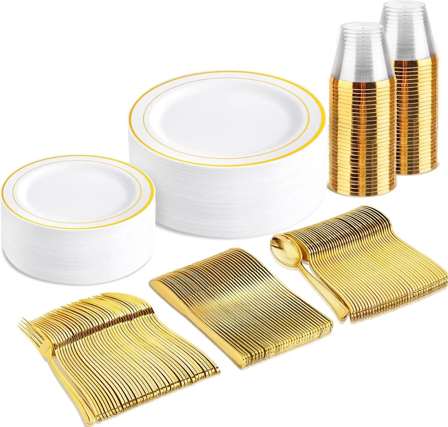 150-Piece Gold Plastic Disposable Dinnerware Set For Parties And Weddings, Includes Plates, Forks, Knives, Spoons & Cups