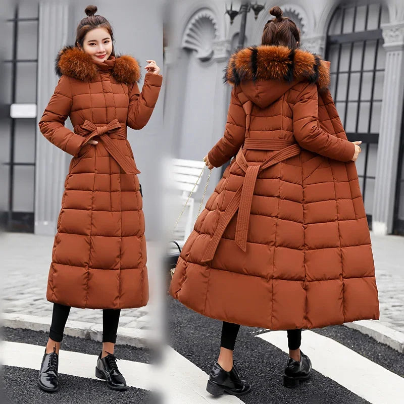 2025 Winter Women Jacket Warm Fashion Comfortable Bow Belt Fox Fur Collar Clothes Long Dress Office Casual Women Thick Coat