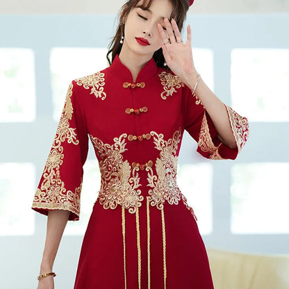 Chinese Style Burgundy Cheongsam Lady Tassels Qipao Large Size 6Xl 7Xl 8Xl Formal Party Dress Elegant Bridal Wedding Dress