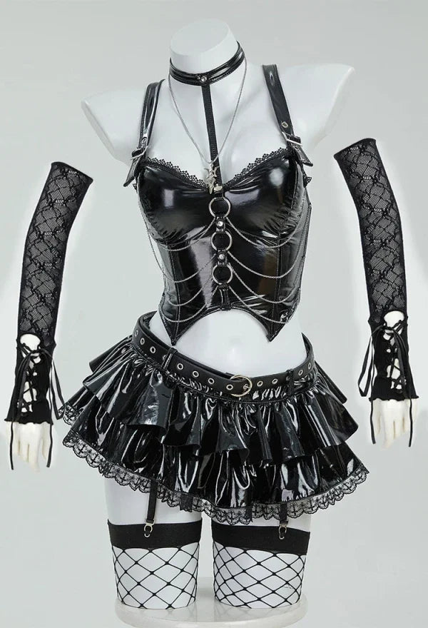 MEOWCOS Misa Gothic Black Lingerie Set Cami Top and Mini Skirt with Sleeves and Necklace Cosplay Costume for Halloween