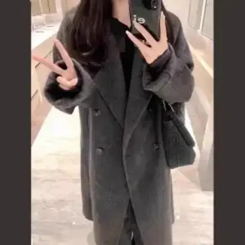 Women Autumn and Winter Woolen 2025 New Spliced   suit Collar Button Pocket Fashion Mid-length Coat