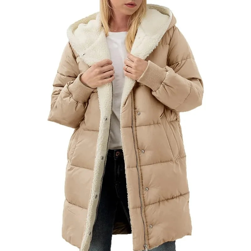 Women Winter Warm Coats Sherpa Fleece Lined Long Hooded Puffer Jacket