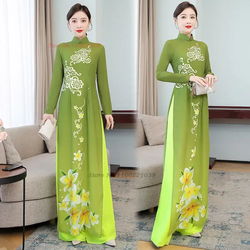 2026 Vietnamese Aodai Dress Women Traditional Flower Print Vintage Elegant Qipao Dress+Pants Sets Asian Improved Dress Qipao