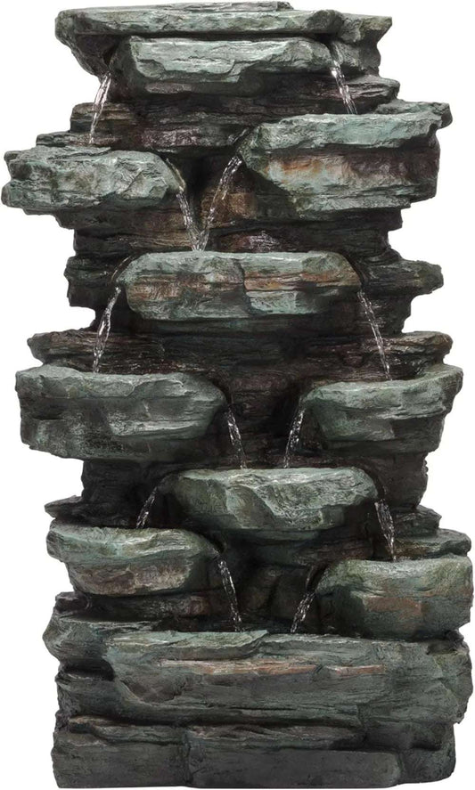 Outdoor Multitiered Cascading Rock Garden Water Floor Fountain with LED Lights, 39" H, Green