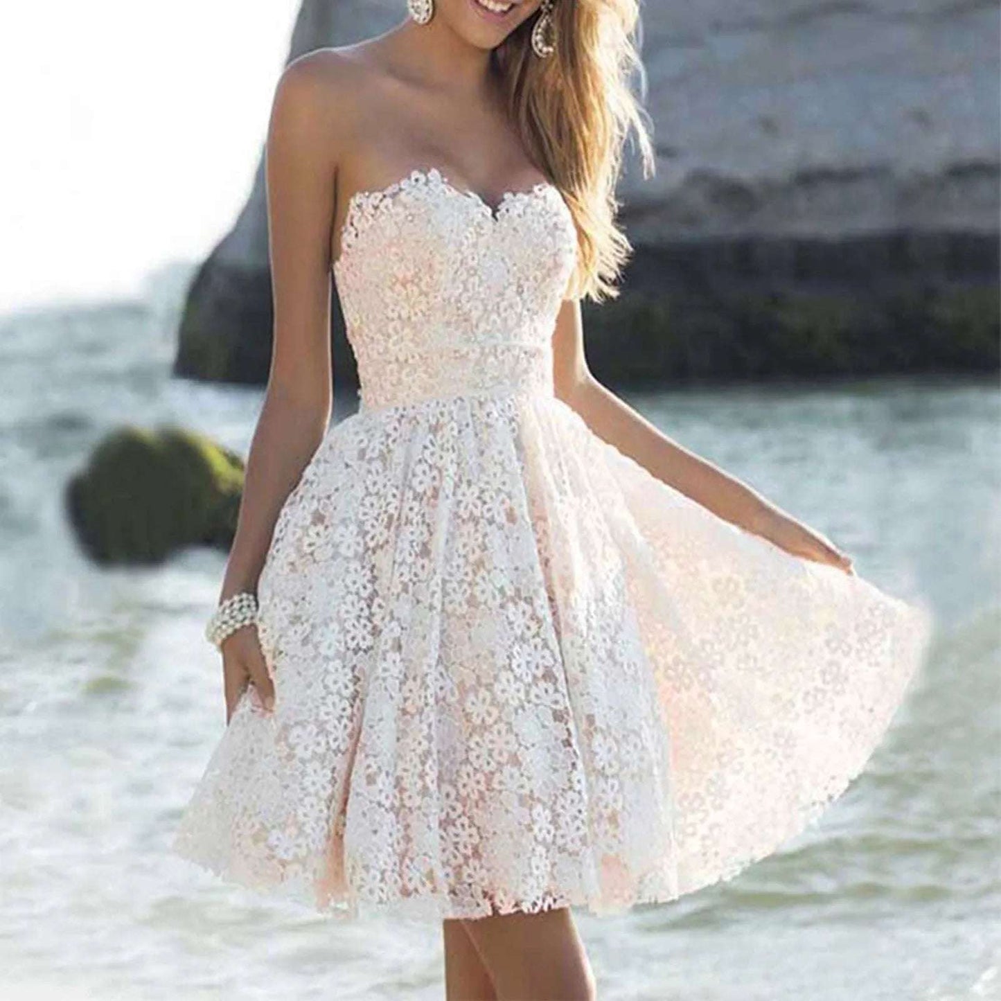 Off Shoulder White Floral Lace Dress Delicate Design Elastic Waist  A-Line Dress For Women  Wedding Party Prom Dresses