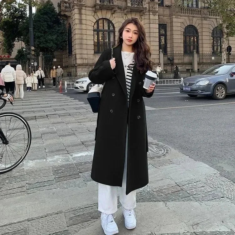 Women'S Blue Korean Style Loose Woolen Coat - Fashion Autumn Winter Outerwear