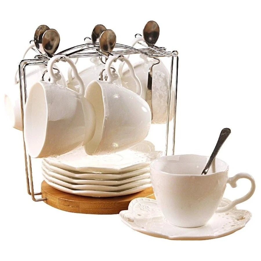 White Porcelain 5Oz Tea Cup And Saucer Coffee Cup Set With Saucer And Spoon, Set Of 6 6 Tea Cup Set With Bracket