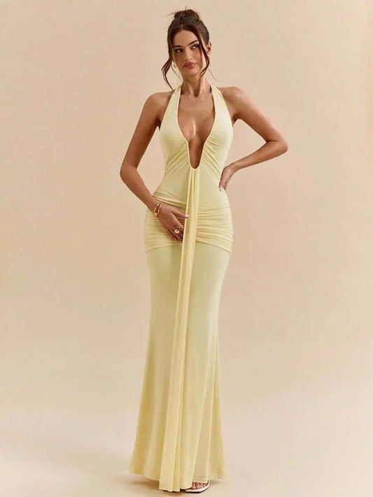 Pale Yellow Halter Deep V-Neck Ruched Maxi Dress for Women, Elegant Ev
