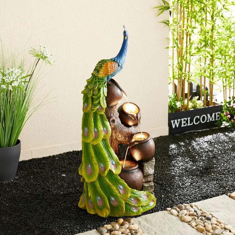 40 Inch Tall And Oversized Sculpture Waterfall Fountain With Led Lights, Submersible Pump, Garden Terrace, Outdoor Fountain