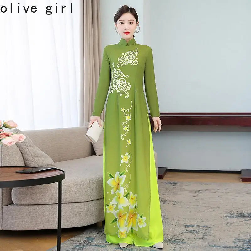 Women Aodai Vietnamese Traditionally Dress Two-Piece Wide-Leg Pants Cheongsam Aodai Dress Aodai Vetnam Clothing Long Cheongsam