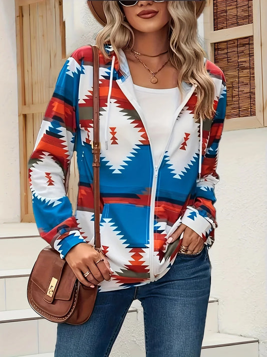 Fall/Winter European and American zipper, hooded, drawstring pocket, printed thin plus size Women long sleeve jacket