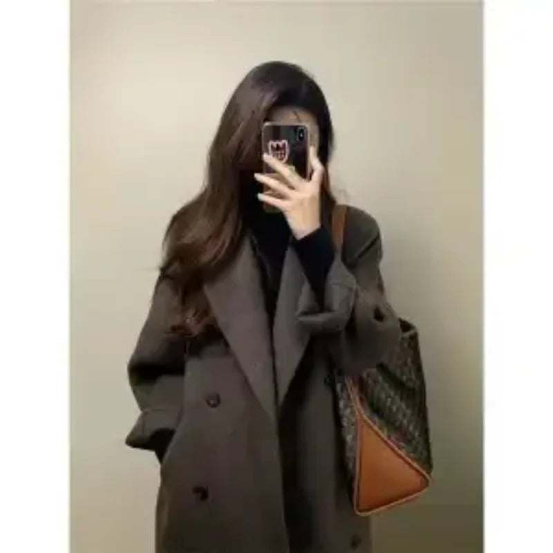 Women'S Autumn And Winter Woolen 2025 New Spliced   Suit Collar Button Pocket Fashion Mid-Length Coat