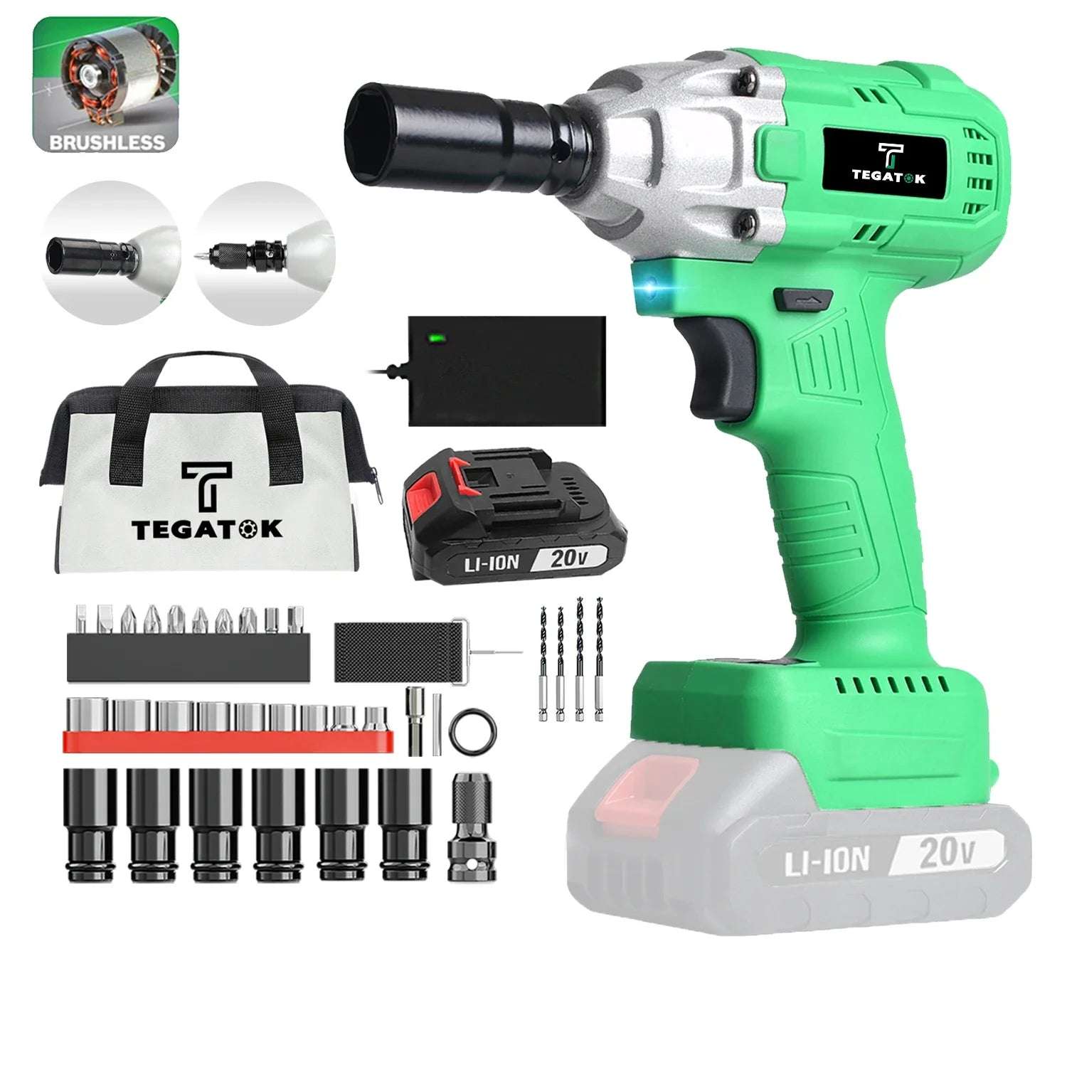 Tegatok 20V Rechargeable 1/2-Inch Impact Wrench, Father'S Day Gift, 320 Nm And 3200 Ipm  Torque