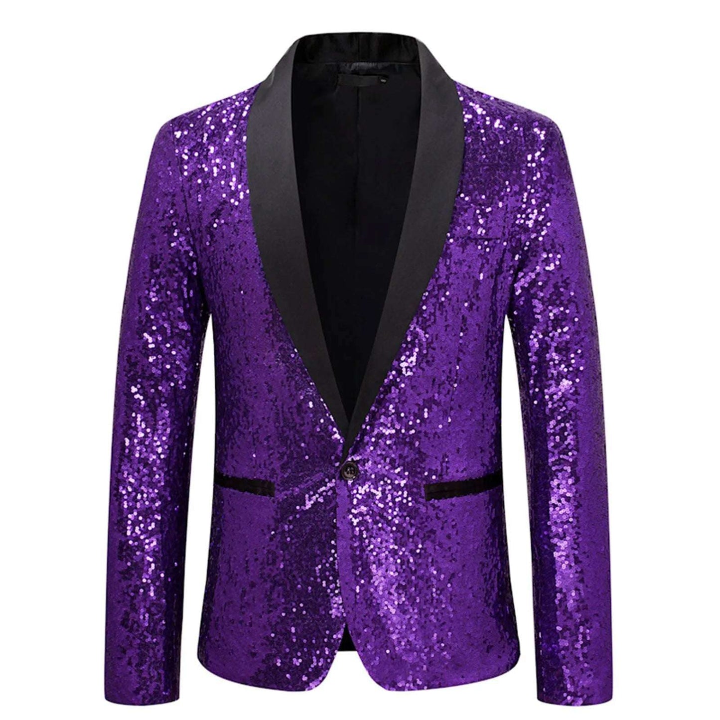 Men's Fashion Purple Glitter Sequins Embellished Blazer Jacket Slim Fit Evening Party Night Club Stage Wedding Singer Costume