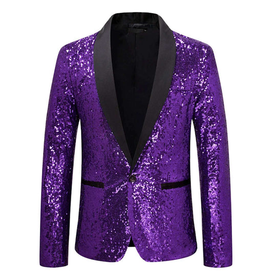 Men's Fashion Purple Glitter Sequins Embellished Blazer Jacket Slim Fit Evening Party Night Club Stage Wedding Singer Costume