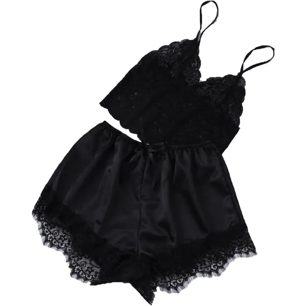 Women'S Floral Lace Pajama Sets 2 Piece - Satin Lingerie Pattern Strappy Bra & Panty Nightwear, Gorgeous Satin Sleepwear Set