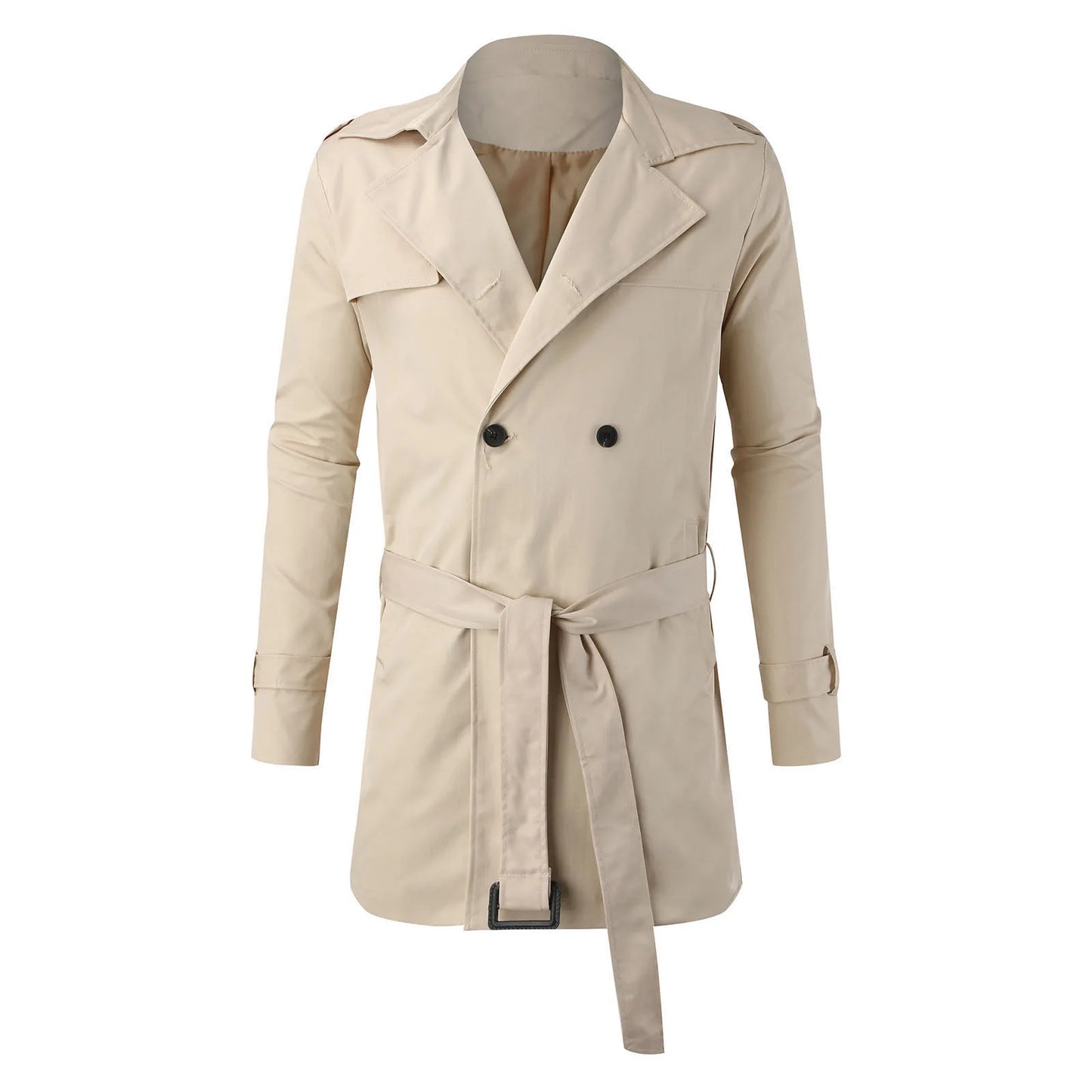Men'S Slim Double Breasted Trench Coat - Solid Color Lapel Belted Windbreaker For Commuting & Casual Streetwear