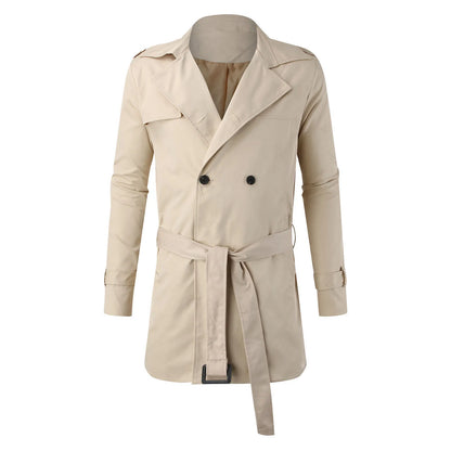 Men'S Slim Double Breasted Trench Coat - Solid Color Lapel Belted Windbreaker For Commuting & Casual Streetwear