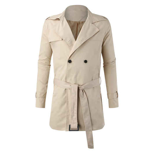 Men'S Slim Double Breasted Trench Coat - Solid Color Lapel Belted Windbreaker For Commuting & Casual Streetwear