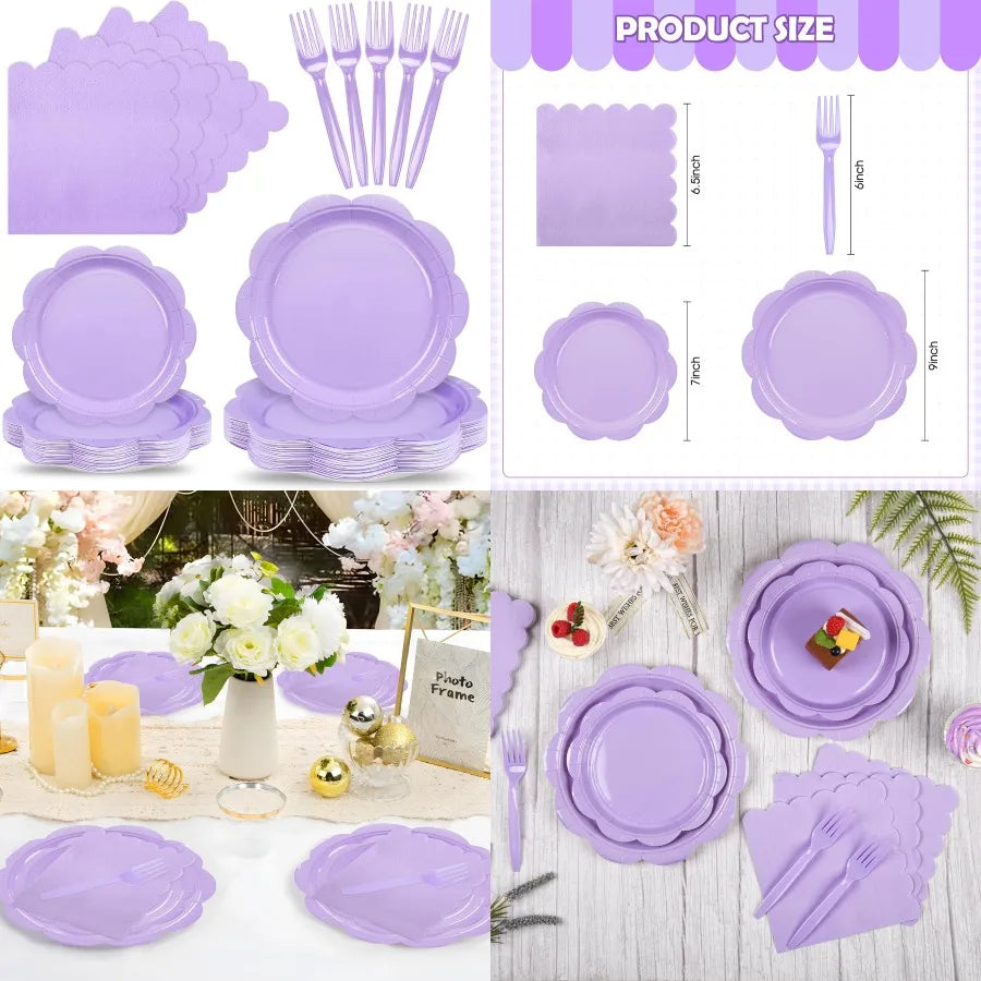 96 Pcs Purple Paper Plates And Napkins Set For Baby Shower Bridal Shower Wedding Party Supplies Tableware With Disposable Purpl