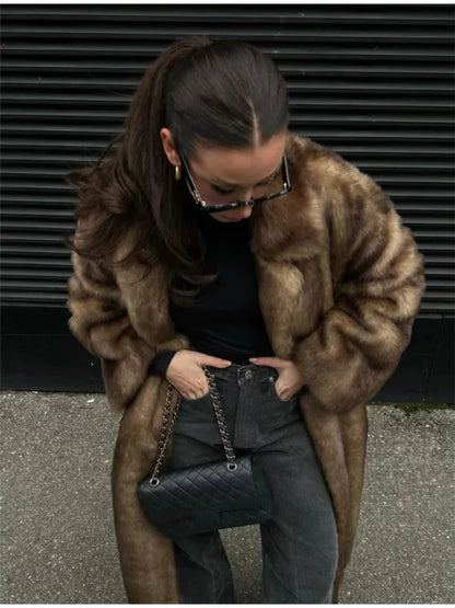 Women's Solid Faux Fur Long Coat Lapel Long Sleeve Fluffy Loose Casual Outerwear 2025 Fashion Winter High Street Outwears