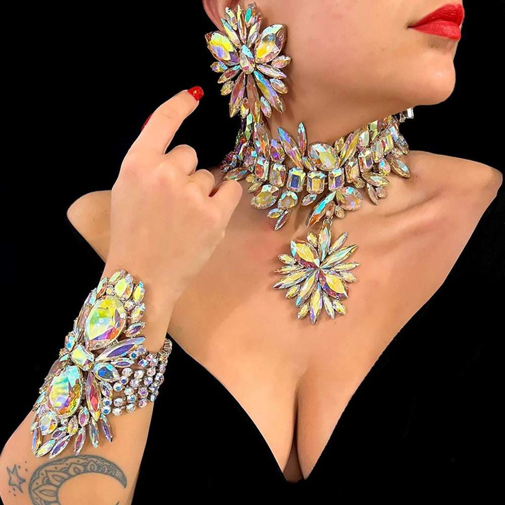 Stonefans Rhinestone Flower Necklace Earrings and Bracelet Sets Drag Queen Accessories Exaggerate Jewelry Set for Women 2023