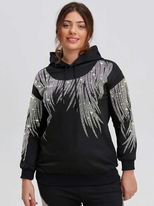 Plus Size Rhinestone Hoodie Long Sleeve Pullover Sweatshirt with Comfortable Design USA Essentials Fashion Inspired Graphic Hooded Top