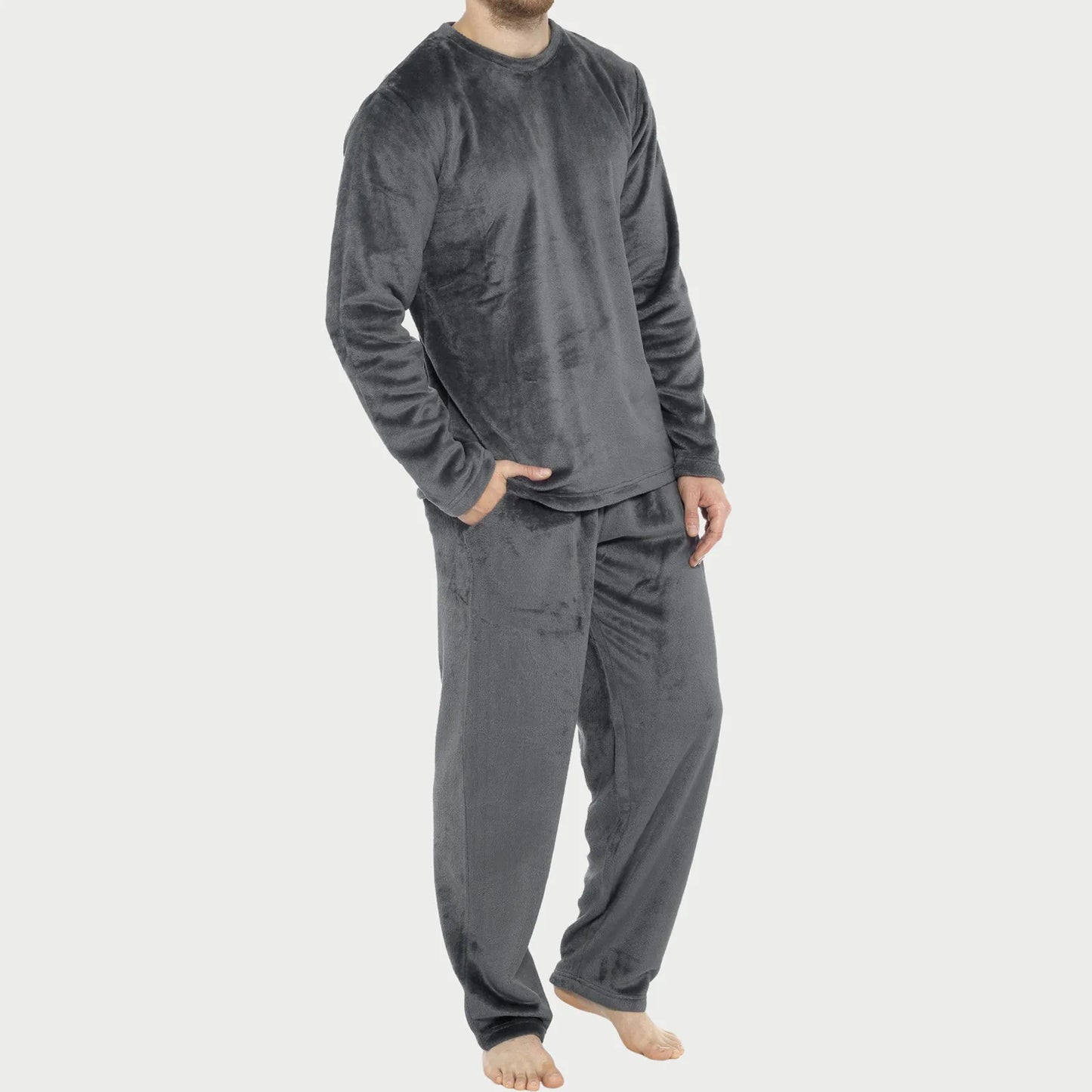 Men'S Plush Suit Autumn Winter Warm Flannel Pajamas 2 Piece Sets Solid Color Sleepwear Long Sleeve O-Neck Sweatshirt+Pants Sets