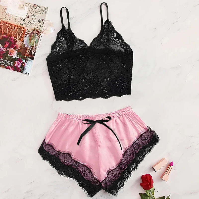 2025 Summer 2 Pcs Women'S New Gorgeous Lace See-Through Pajamas Black Pink