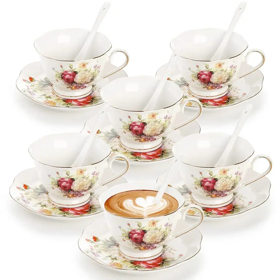 Floral Tea Cup With Saucers And Spoons Set Of 6 Coffee Cups And Saucers With Gold Trim 6 Oz Porcelain Ivory Latte Cup And Espres