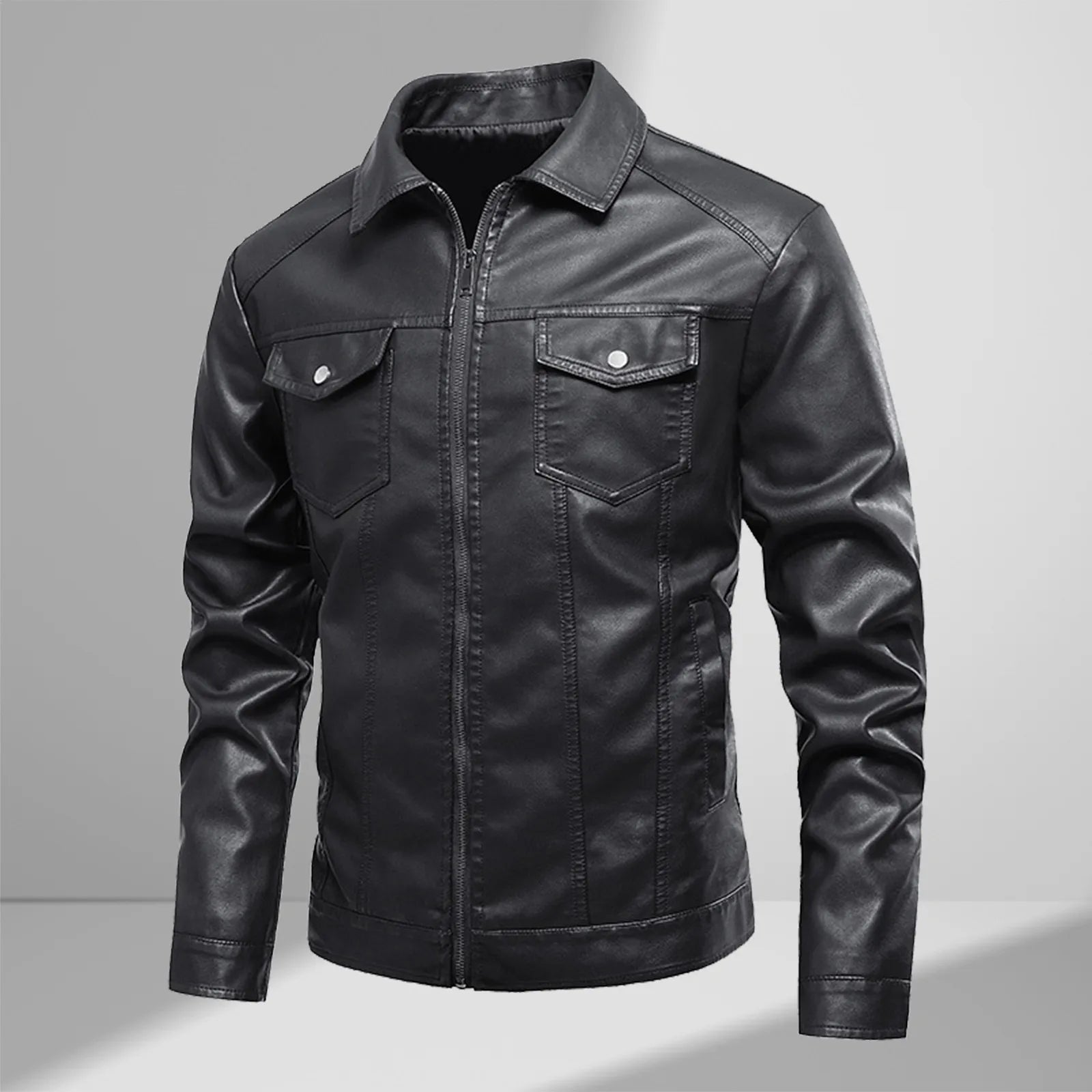 Men'S Casual Pu Leather Jacket Men'S Leather Jacket Spring And Autumn New Pu Lapel Leather Jacket Motorcycle Lapel