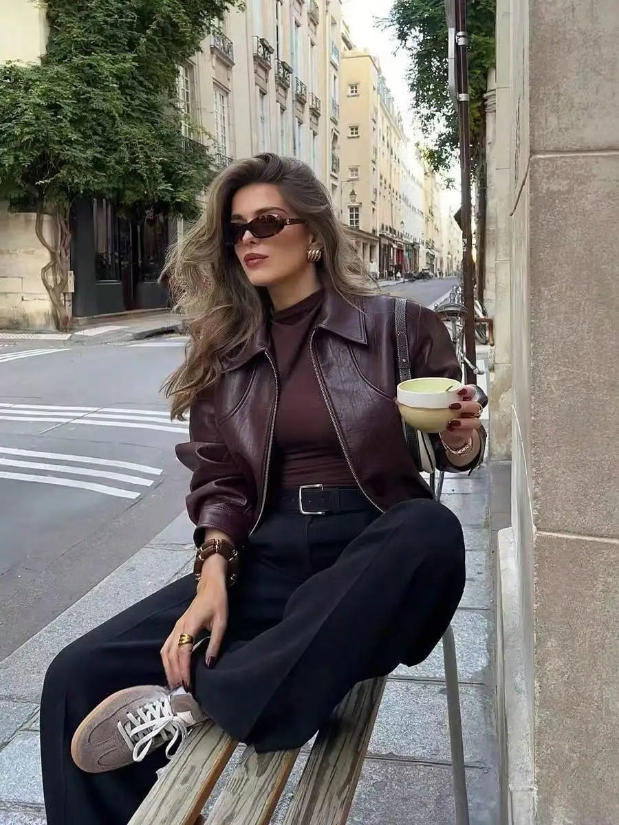Manneqi Retro American Casual Chic Lapel Zipper Wine Red Leather Jacket Short Coat For Women