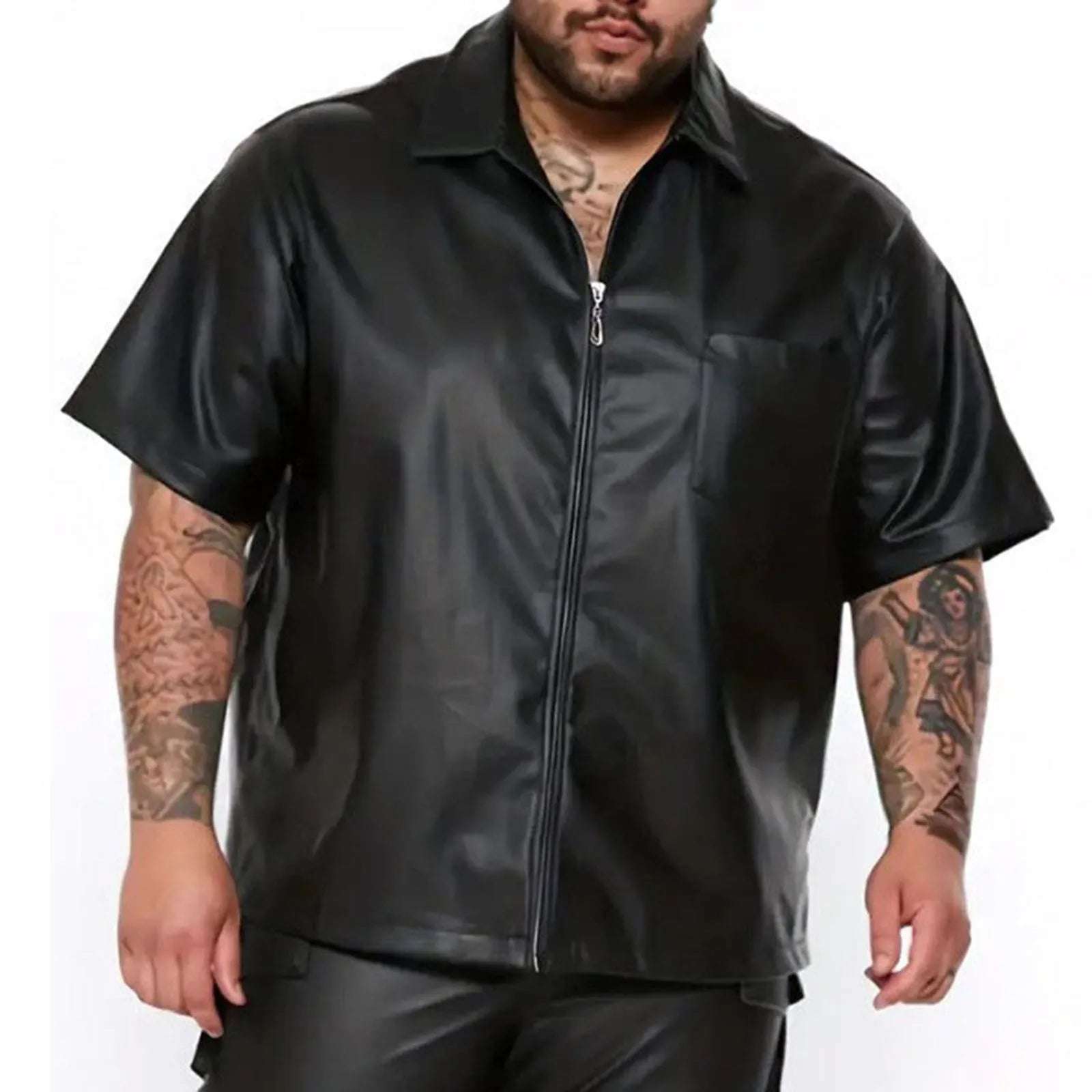 Leather Zipper Men Casual Short Sleeved Leather Jacket Cool Fashion Top Oversized Loose Fitting Short Sleeved Black Shirt
