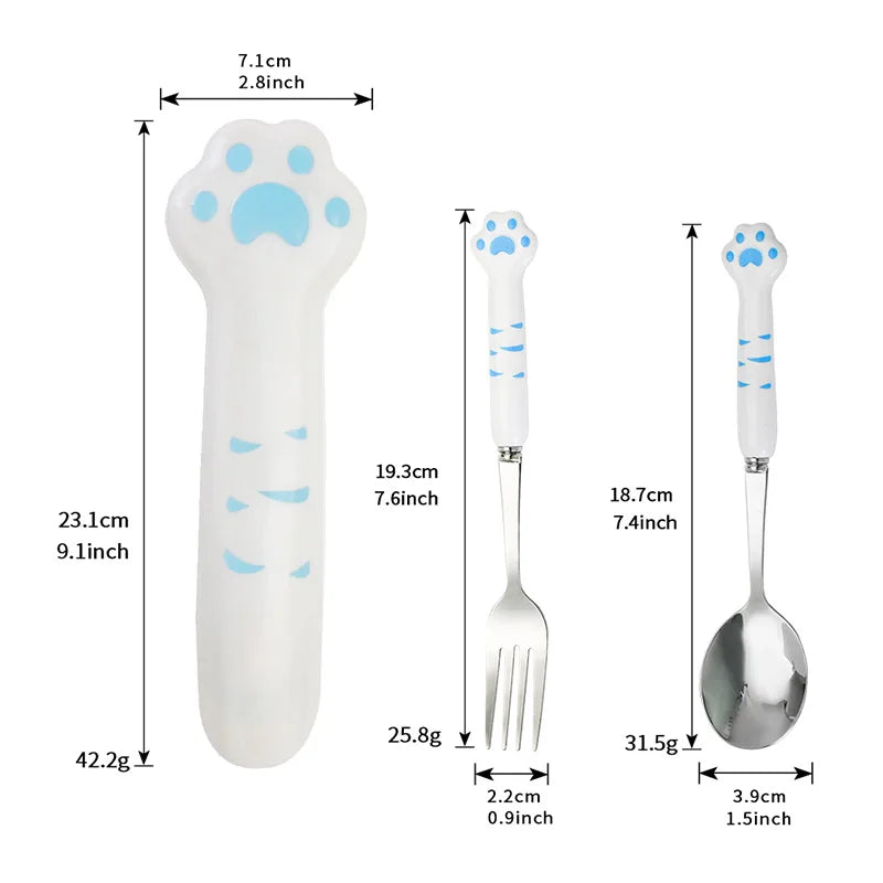 Cute Cat Paw Cutlery Set Stainless Steel Fork Spoon With Storage Box Dinnerware Tableware Silverware Lunch Bento Accessories