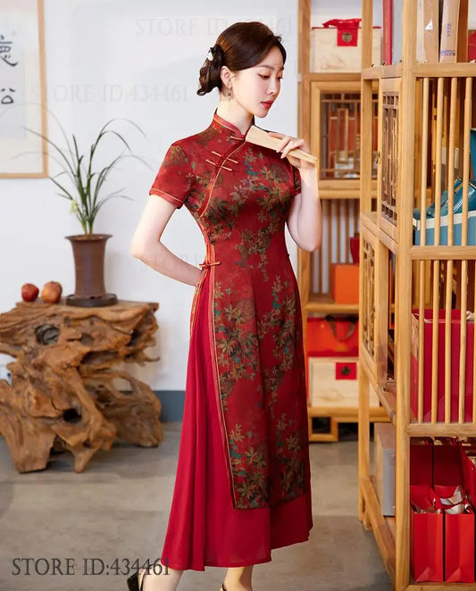 Modern Improvement Aodai Qipao Traditional Chinese Mandarin Collar Long Cheongsam Elegant Print Flower Chinese Dress Vestidos