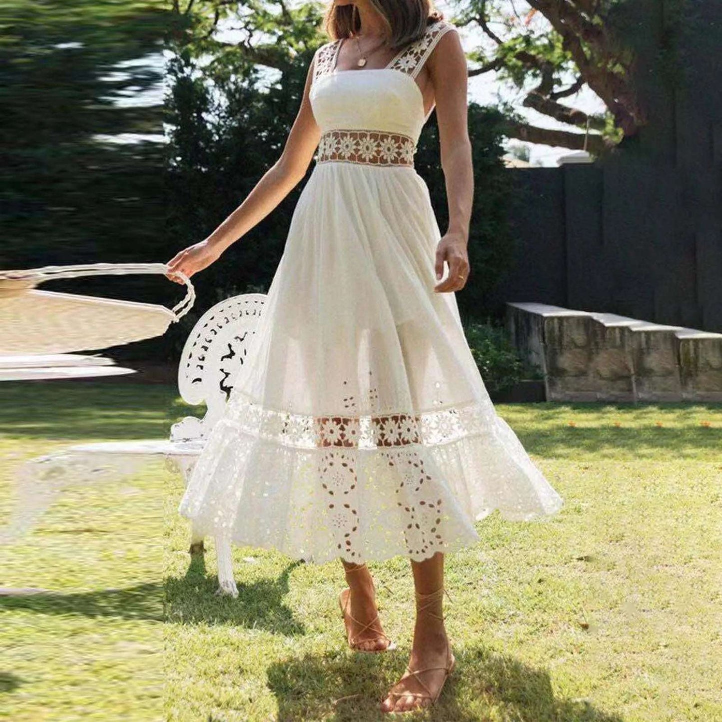 Lace Sleeveless Patchwork Long Skirt Dress For Women  Summer Maxi Dress A-line Midi Dress  White Dress for Women