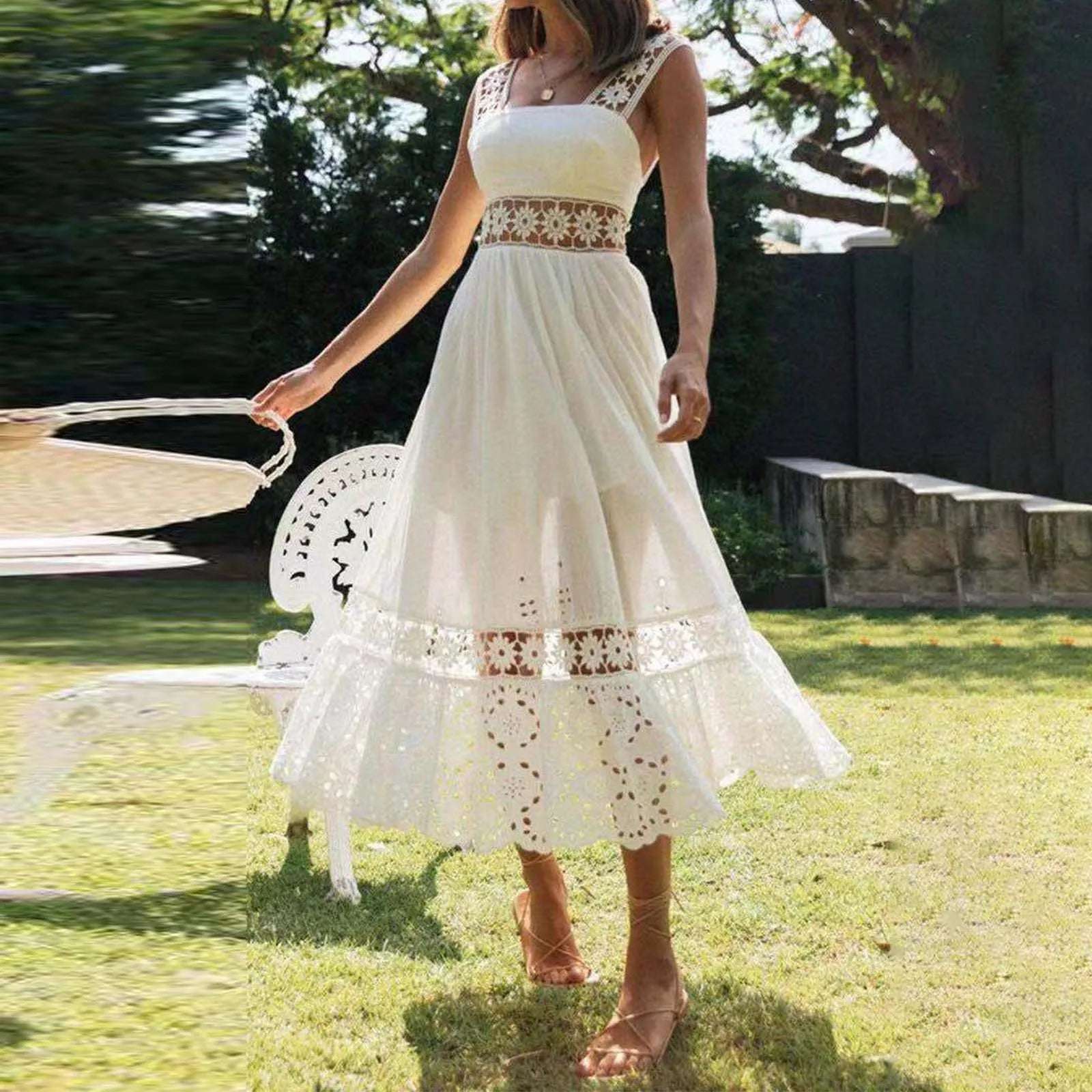 Lace Sleeveless Patchwork Long Skirt Dress For Women  Summer Maxi Dress A-line Midi Dress  White Dress for Women