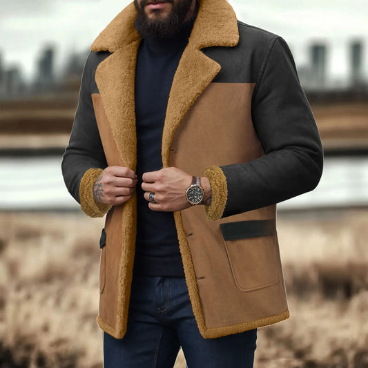 Men's Fleece Lined Jacket Vintage Suede Color Blocked Casual Warm Jacket Outdoor Business Formal Outerwear Jackets & Coats