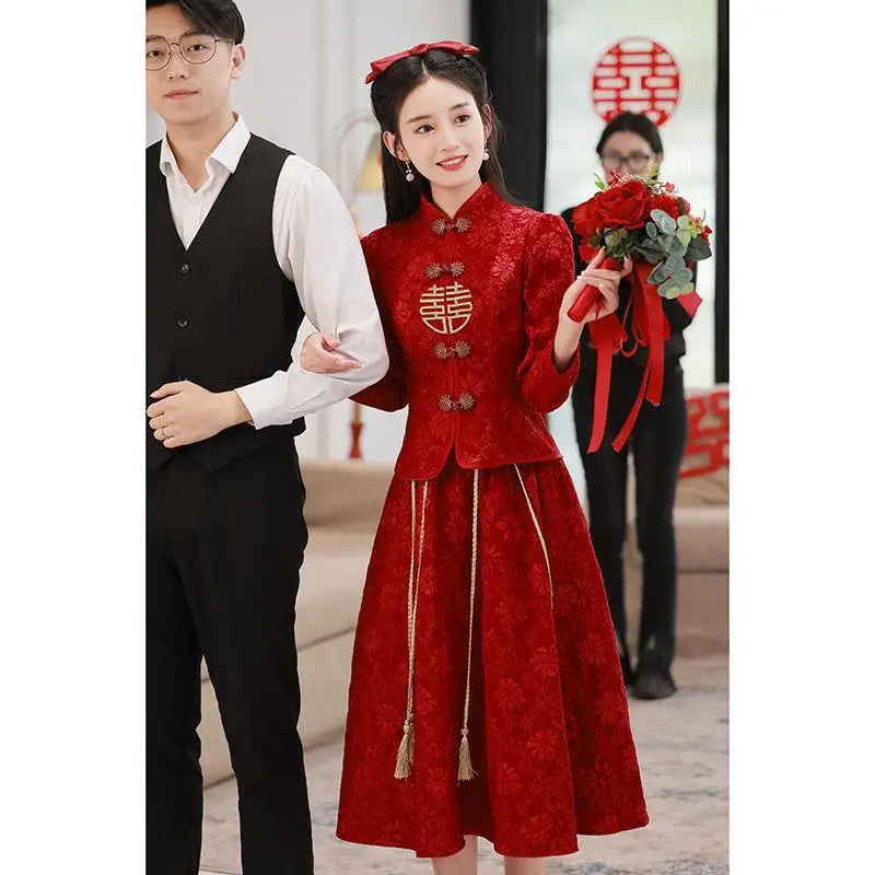 Bridal Burgundy Vintage Improved Simple Qipao Xiuhe Suit Long Sleeve Skirt 2Pcs Wedding Dress New Chinese Style Toast Clothes