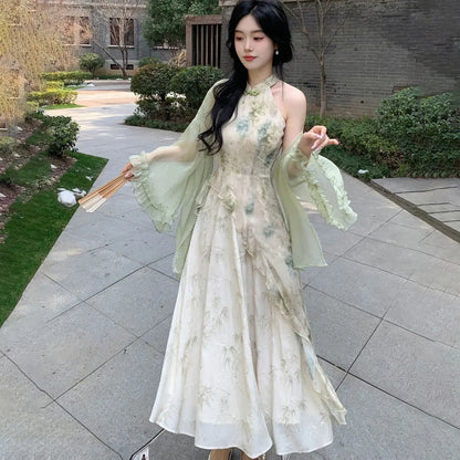 Elegant Green Halterneck Printed Patchwork Irregular Cheongsam Dress with Cardigan WoMen's Sweet Party Dress Vietnamese Dress Es
