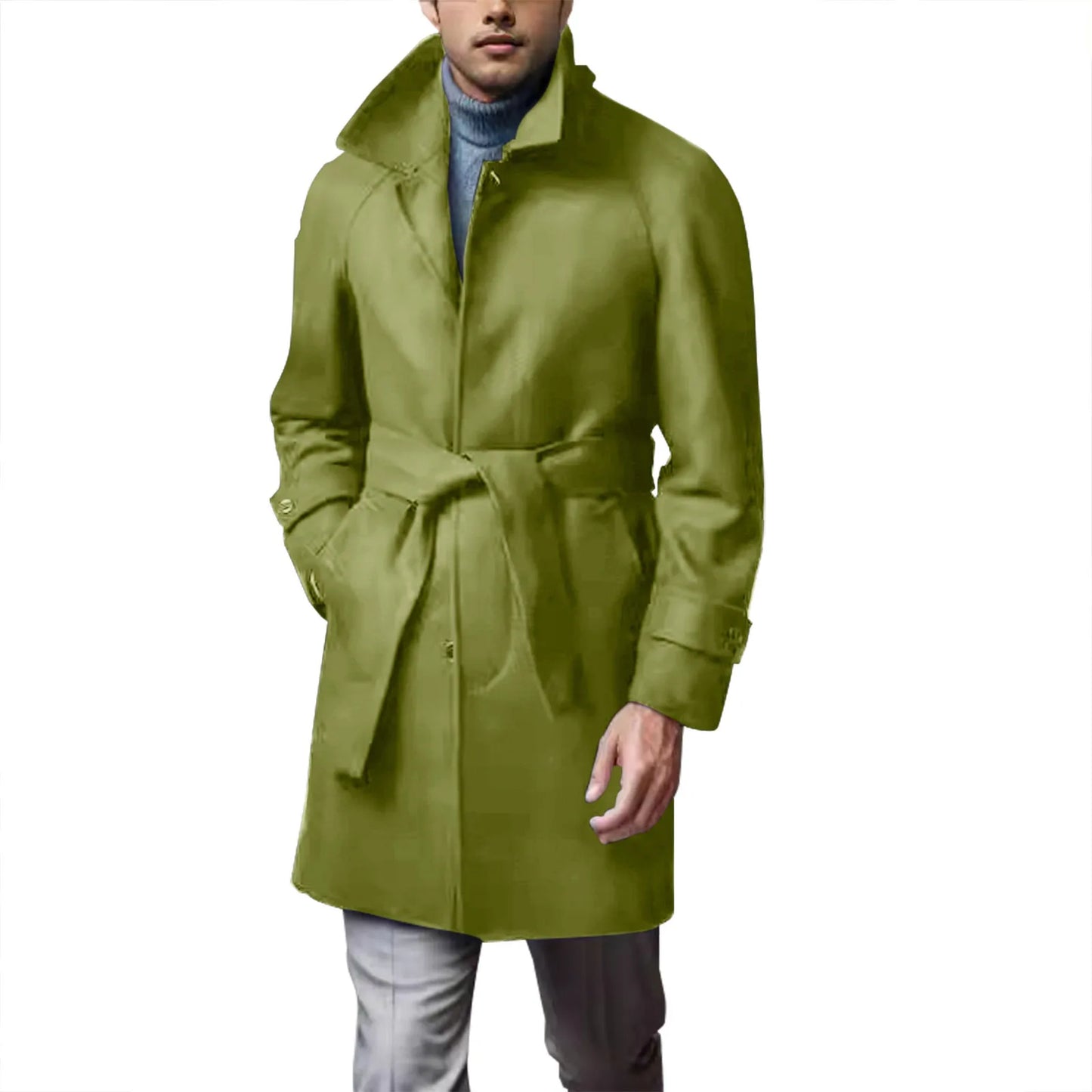 Men'S Vintage Woolen Windbreaker Trench Coat - Lapel Buttoned Belt Mid-Length Fall Winter Casual Outerwear
