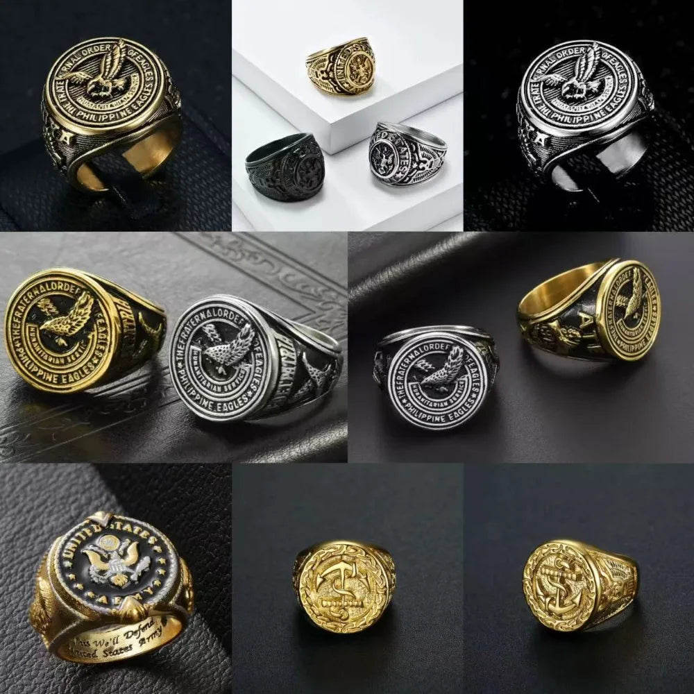 Retro Us Military National Emblem Eagle Rings For Men Stainless Steel Marine Corps White-Headed Sea Eagle Jewelry Warrior Gifts