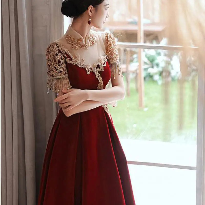 Chinese Velvet Bridal Gown “ Stand Collar Lace A-Line Wedding Dress With Tassels For Formal Party & Cheongsam Style