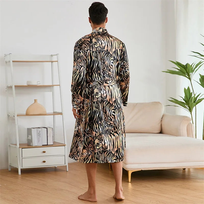 Men'silk Pajama Set with Matching Robe and Shorts Loungewear Ensemble with Belted Open Front Robe