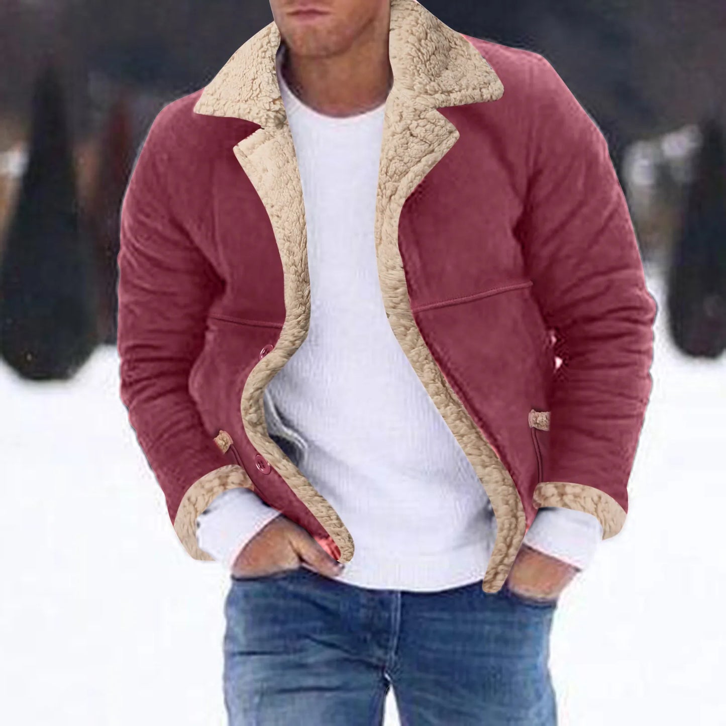 Men Plus Size Winter Jacket Coat Lapel Collar Long Sleeve Padded Faux Leather Vintage Thicken Coat Sheepskin Zipper Jacket